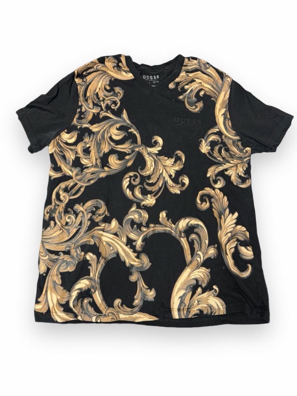 GUESS Black Short-Sleeve Tee with Gold Baroque Swirl Print